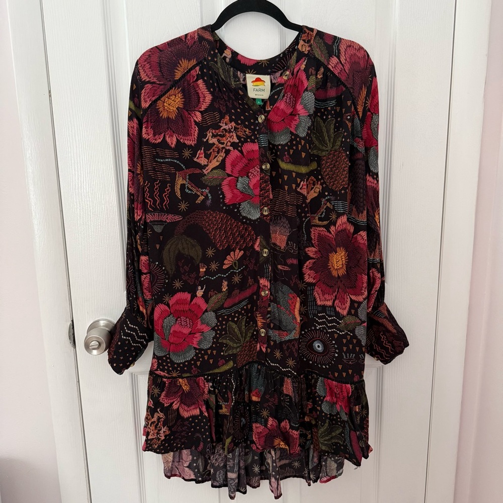 Farm Rio Creatures Long Sleeve Mini Dress Size Small